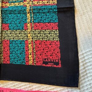 Lanvin Paris Vintage Silk Logo Plaid Square Scarf 25” Black Multicolor